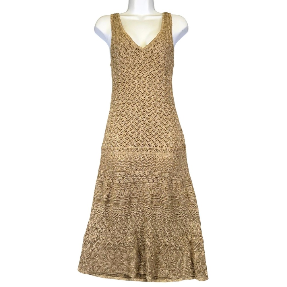 Ralph Lauren Gold Metallic Silk Blend Pointelle Knit Midi Dress Boho Whimsical